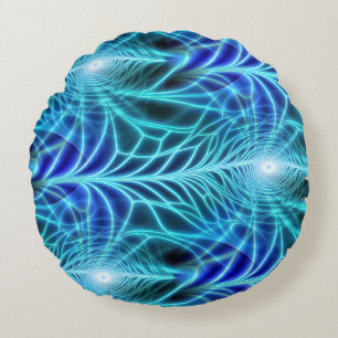 Electric Blue Luminous Fractal Repeating Pattern Round Pillow