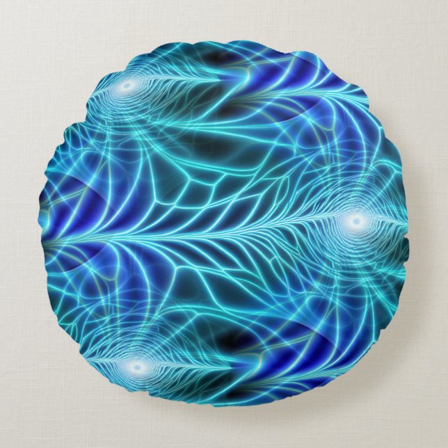 Electric Blue Luminous Fractal Repeating Pattern Round Pillow (Front)