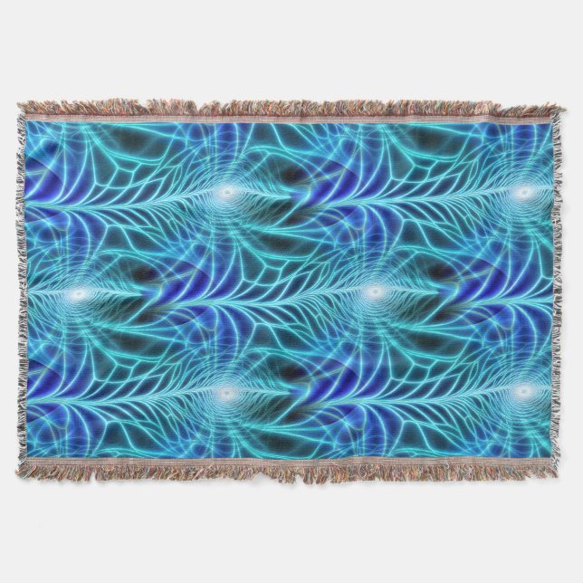 Electric Blue Luminous Fractal Repeating Pattern Throw Blanket (Front)