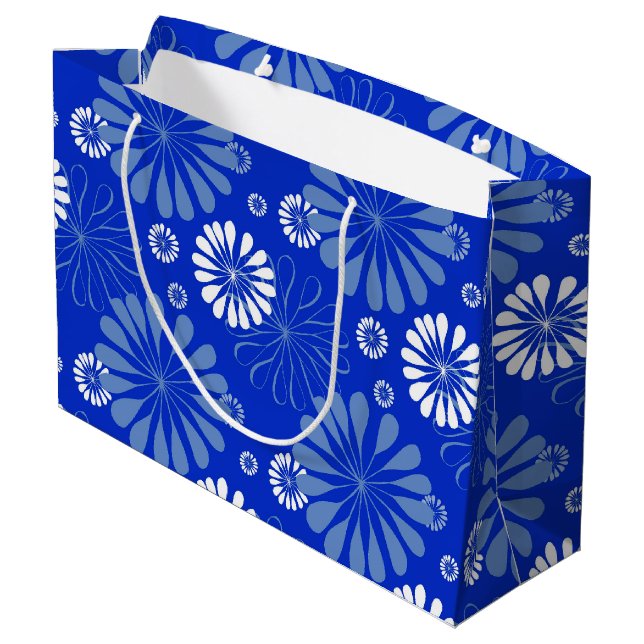 Electric Blue Modern Floral Print Large Gift Bag (Back Angled)