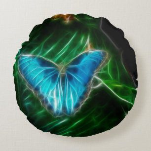 Electric Blue Morpho Butterfly Fractal Round Pillow
