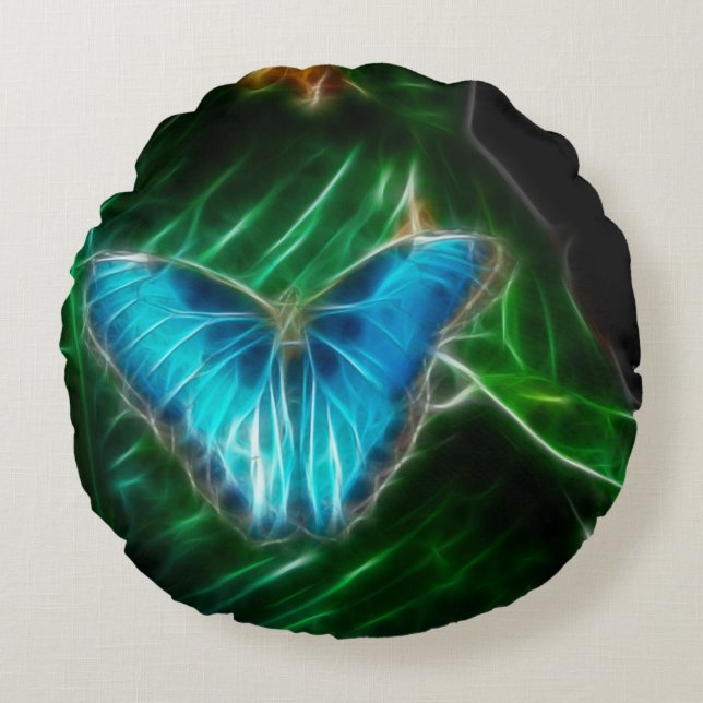 Electric Blue Morpho Butterfly Fractal Round Pillow (Front)