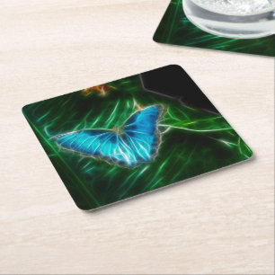 Electric Blue Morpho Butterfly Fractal Square Paper Coaster