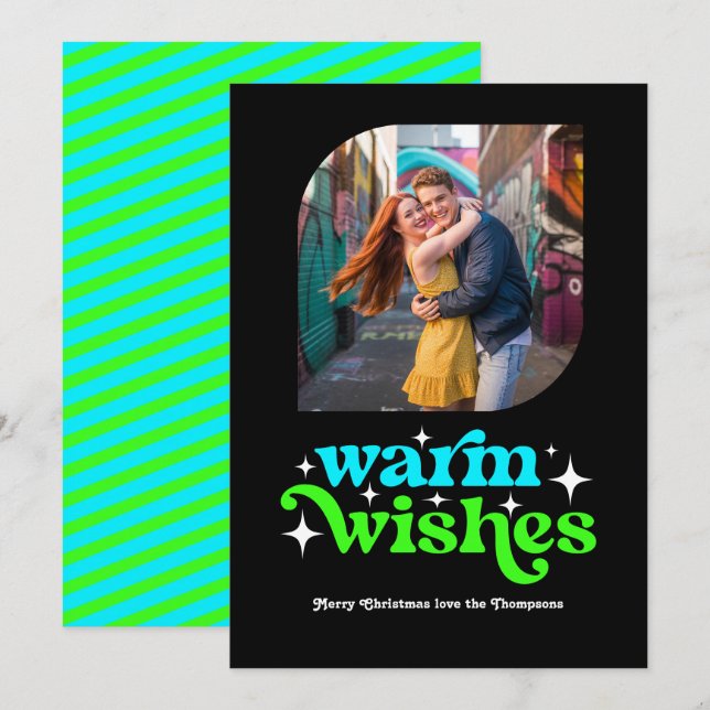 Electric Blue & Neon Green Retro Christmas Photo Holiday Card (Front/Back)