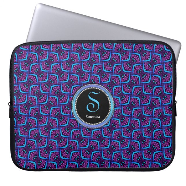 Electric Blue Pink Pattern Monogram Notebook Laptop Sleeve (Front)