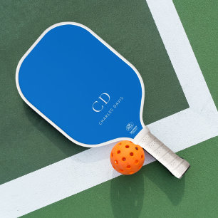 Electric blue white monogram initials name pickleball paddle