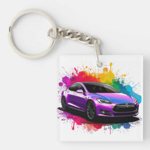 Electric Car with Vibrant Colour Splashes Keychain