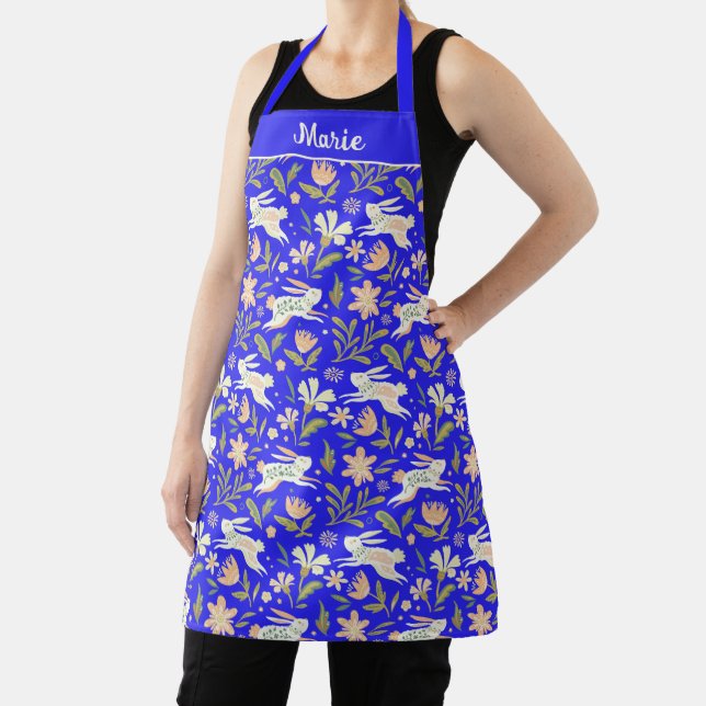 Electric Cobalt Blue Bunny Floral Garden Design Apron (Insitu)