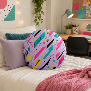 Electric Confetti Memphis Retro Lavender Geometric Round Pillow