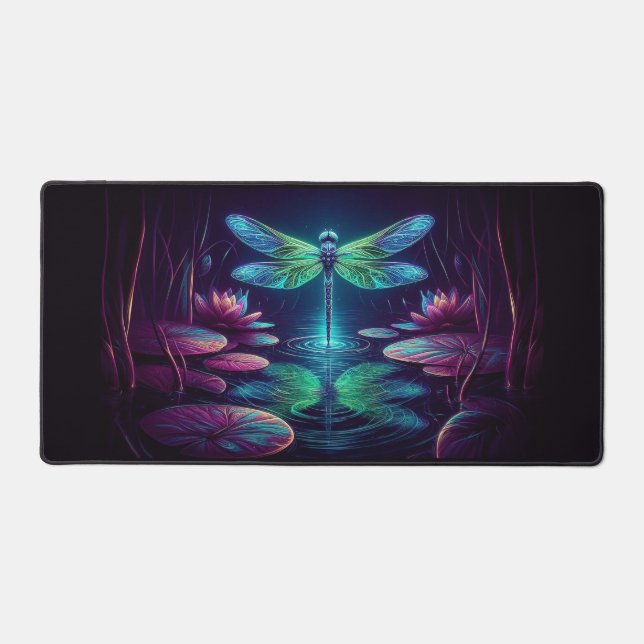 Electric Dragonfly, Eye-Catching Neon Animals Desk Mat (Front)