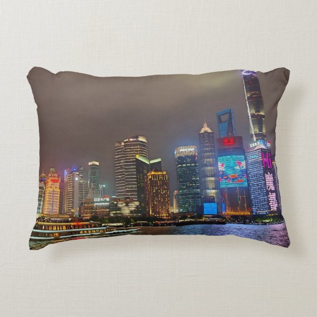 Electric Dreams - Futuristic Shanghai Skyline, A C Accent Pillow (Front)