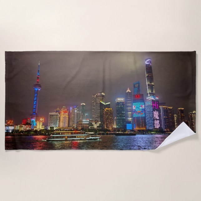 Electric Dreams - Futuristic Shanghai Skyline, A C Beach Towel (Front)
