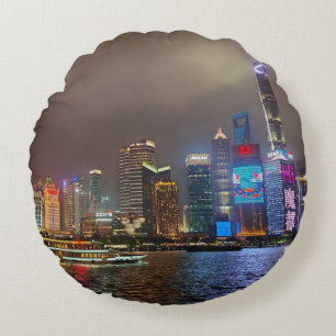 Electric Dreams - Futuristic Shanghai Skyline, A C Round Pillow