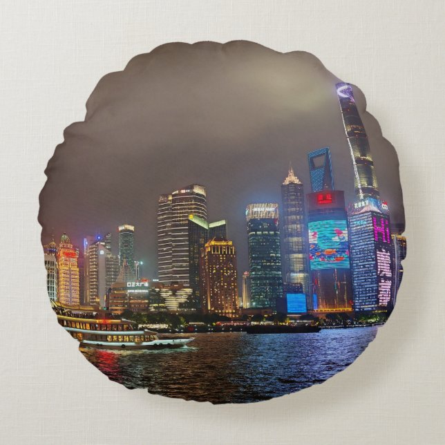 Electric Dreams - Futuristic Shanghai Skyline, A C Round Pillow (Front)