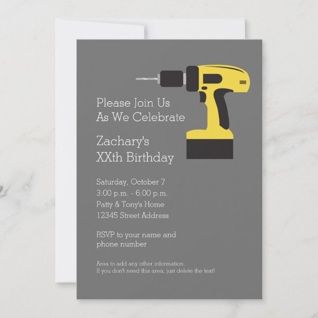 Electric Drill with Custom Name - Birthday Party Invitation (Front)