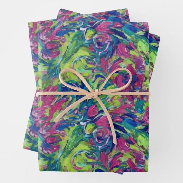 Electric Garden Neon Impressionism Vibrant Abstrac Wrapping Paper Sheet (In situ)