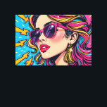Electric Glam Pop Art - Dynamic Retro 80's Canvas Print<br><div class="desc">Ignite your space with the thrilling, high-energy style of "Electric Glam Pop Art - Dynamic Arrow Retro 80s"! This landscape canvas captures a powerful side profile of our muse, whose voluminous hair bursts with vibrant streaks of pink, yellow, and blue. Her glamourous look, complete with dazzling makeup and a sparkling...</div>