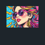 Electric Glam Pop Art - Dynamic Retro 80's Canvas Print<br><div class="desc">Ignite your space with the thrilling, high-energy style of "Electric Glam Pop Art - Dynamic Arrow Retro 80s"! This landscape canvas captures a powerful side profile of our muse, whose voluminous hair bursts with vibrant streaks of pink, yellow, and blue. Her glamourous look, complete with dazzling makeup and a sparkling...</div>