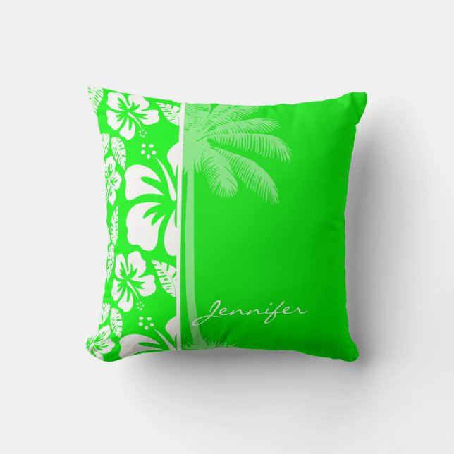 Electric Green Tropical Hibiscus; Palm Throw Pillow (Front)