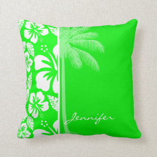 Electric Green Tropical Hibiscus; Palm Throw Pillow