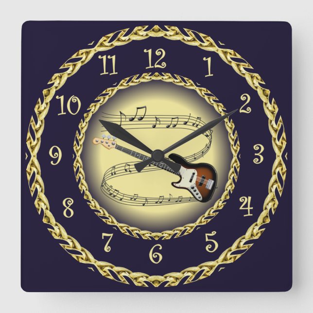 Electric Guitar 01 ~ Musical Scroll/Gold/Navy Blue Square Wall Clock (Front)