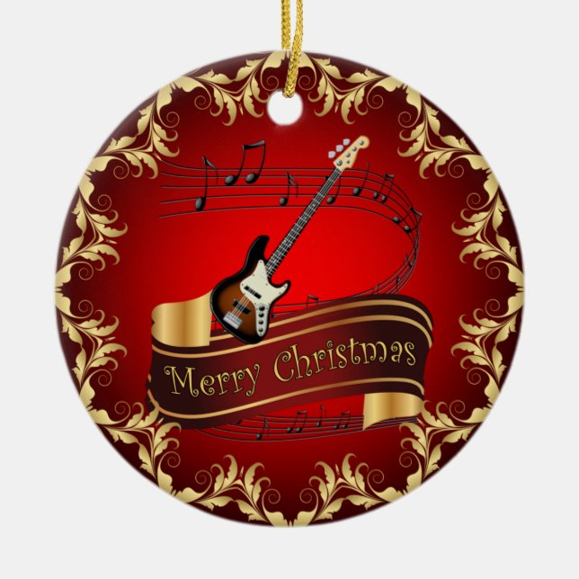 Electric Guitar 01-Musical Scroll-Merry Christmas~ Ceramic Ornament (Front)