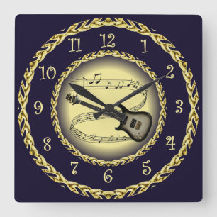 Electric Guitar 02 ~ Musical Scroll/Gold/Navy/Blue Square Wall Clock