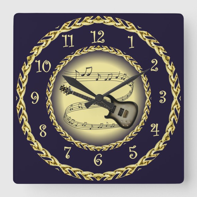 Electric Guitar 02 ~ Musical Scroll/Gold/Navy/Blue Square Wall Clock (Front)