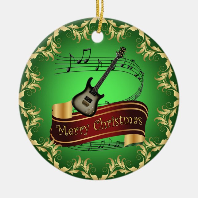 Electric Guitar 02-Musical Scroll-Merry Christmas~ Ceramic Ornament (Front)