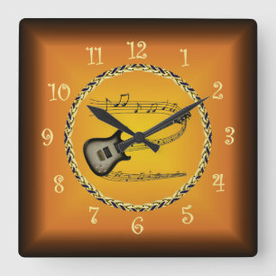 Electric Guitar 02 Musical Scroll & Russet Orange  Square Wall Clock