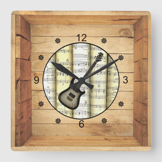 Electric Guitar ~ 3 Dimensional ~ Folk Art Box ~ Square Wall Clock (Front)