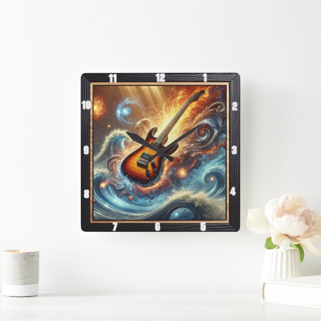 Electric Guitar Amidst Cosmic Waves Square Wall Clock (Home)