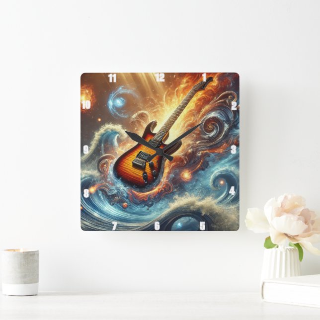 Electric Guitar Amidst Cosmic Waves Square Wall Clock (Home)