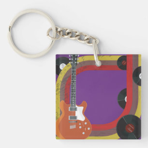 Electric Guitar and Vinyl Records Vintage Music Keychain