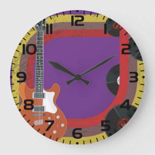 Electric Guitar and Vinyl Records Vintage Music Large Clock