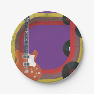 Electric Guitar and Vinyl Records Vintage Music Paper Plate