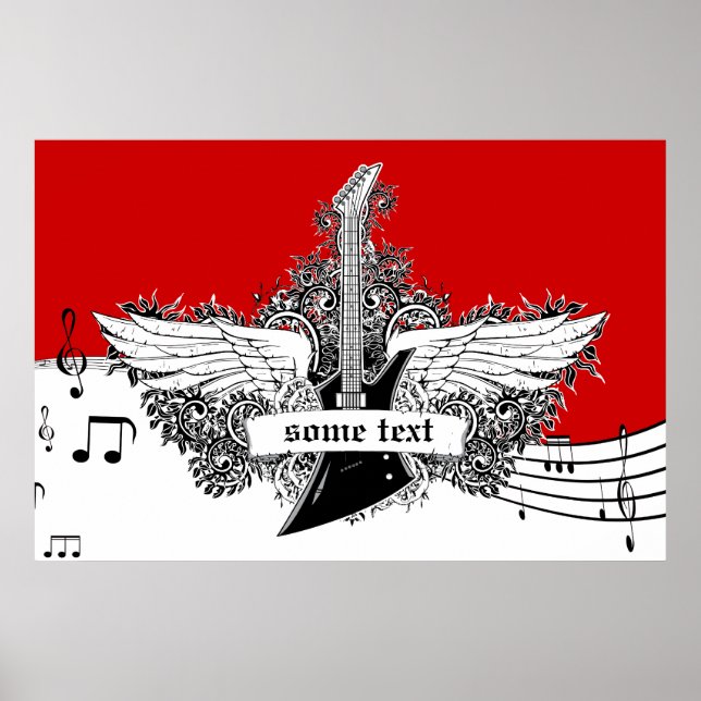Electric guitar black white red wings print poster (Front)