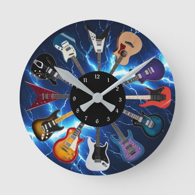 Electric Guitar Circle Blue Lightning Round Clock (Front)