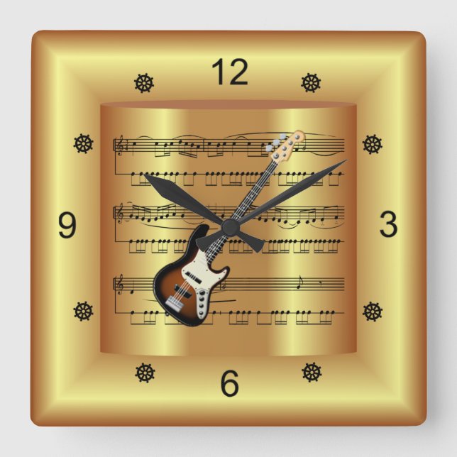 Electric Guitar~Curved Sheet Music~Gold Background Square Wall Clock (Front)