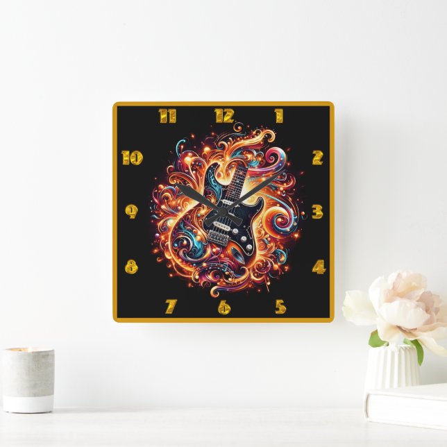 Electric guitar ignites in a blaze of colours square wall clock (Home)