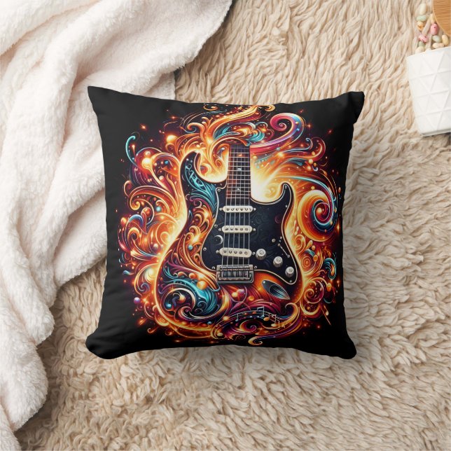 Electric guitar ignites in a blaze of colours throw pillow (Blanket)
