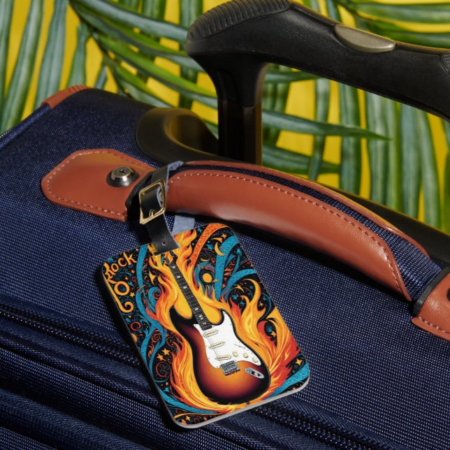 Electric guitar in vibrant flames luggage tag (Front Insitu 1)