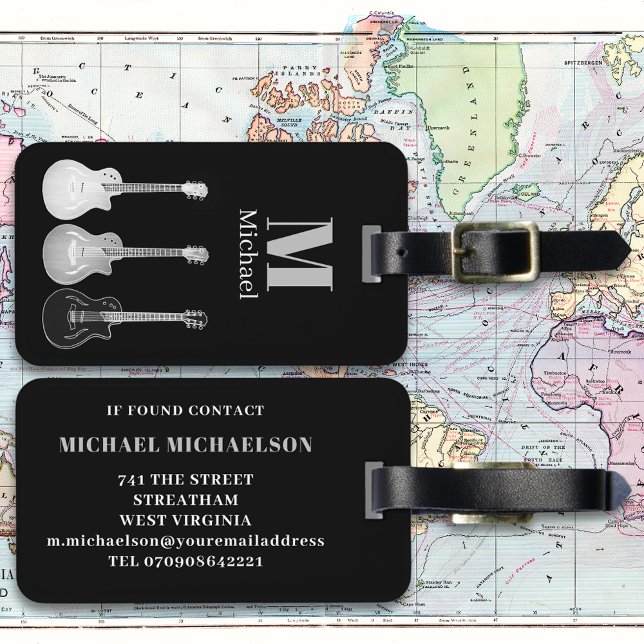 Electric Guitar Modern Personalized Luggage Tag (Electric guitar black and gray monogram custom travel luggage tag guitarists musicians music lovers)