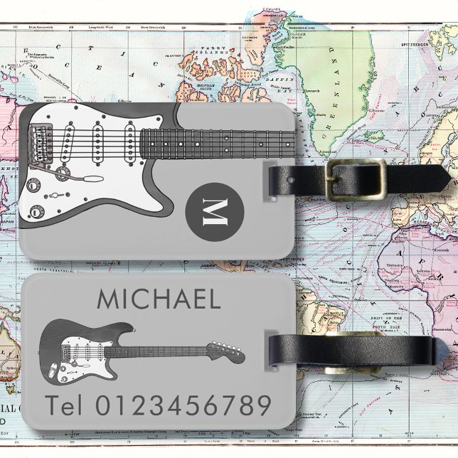 Electric Guitar Monogram Luggage Tag (Electric guitar gray illustration custom name mobile travel tag for guitarist musician music teacher)