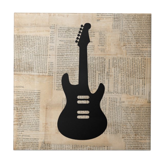 Electric Guitar Music Art with Newspaper Text Tile (Front)