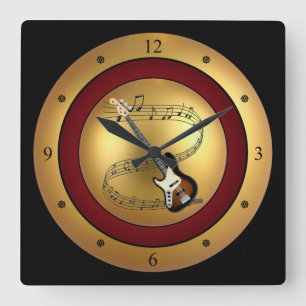 Electric Guitar~Musical Scroll~Gold/Maroon/Black ~ Square Wall Clock