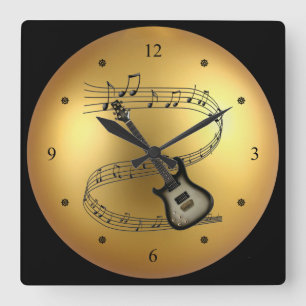 Electric Guitar ~ Musical Scroll ~ Golden Globe ~ Square Wall Clock