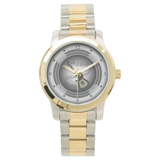 Electric Guitar ~ Musical Scroll ~ Silver Speaker Watch (Front)