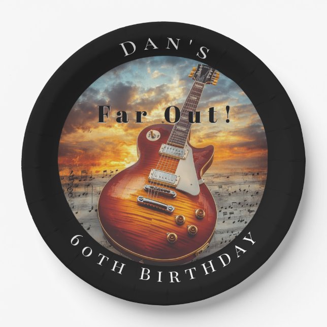 Electric Guitar Ocean Sunset Music Notes Paper Plate (Front)