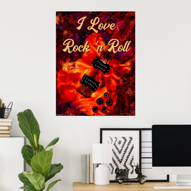 Electric Guitar on Fire Red Black Love Rock n Roll Poster (Home Office)
